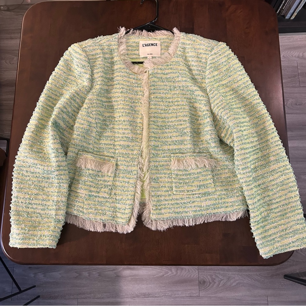 L'AGENCE Angelina Fray Tweed Jacket Open Front Blazer in Light Green Size 14 - Picture 2 of 16